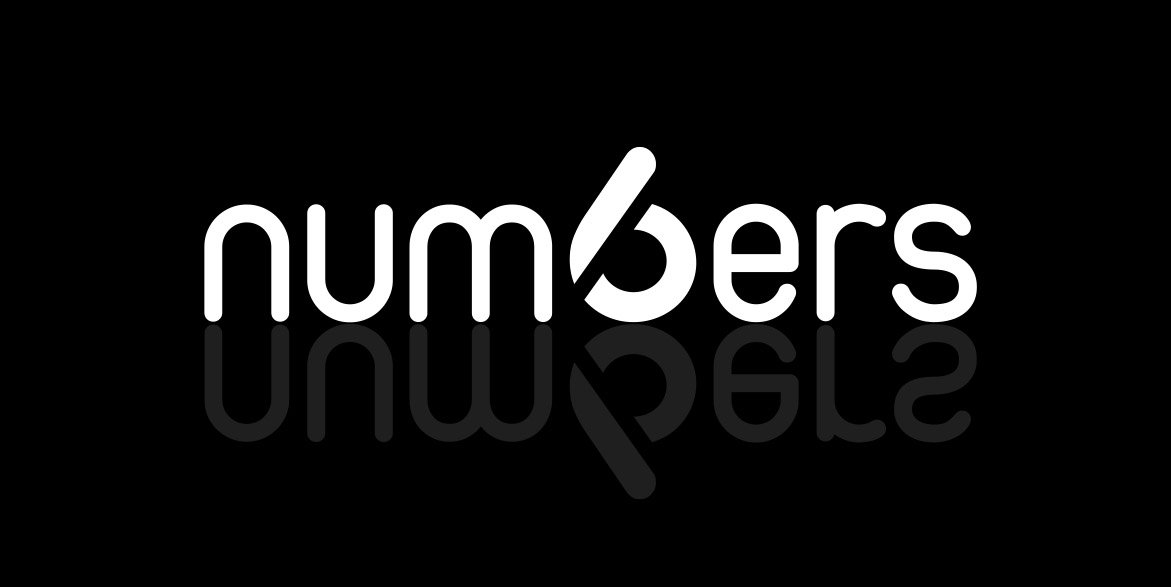 Logotip blanc Numbers sobre fons negre amb reflex tipogràfic.